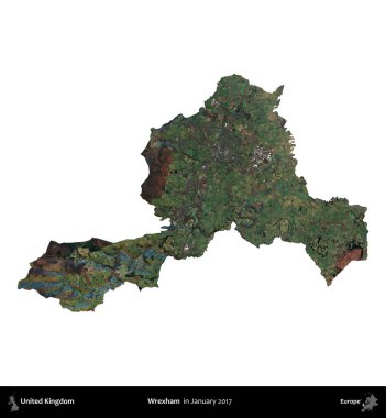 Wrexham. Birleşik Krallık 'ın idari alanı, Copernicus Sentinel' in Ocak 2017 'de çekilmiş uydu görüntüsü ile beyaza izole edilmiştir.