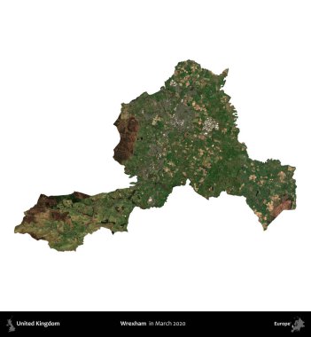 Wrexham. Birleşik Krallık 'ın idari alanı, Mart 2020' de çekilen Kopernik Nöbetçi karolarından oluşan bir uydu görüntüsü üzerinde beyaza izole edilmiştir.