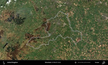 Wrexham. Mart 2020 'de çekilen Copernicus Sentinel karolarından oluşan bir uydu görüntüsü üzerinde Birleşik Krallık' ın idari bölgesinin ana hatlarını belirledik.