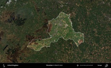 Wrexham. Birleşik Krallık 'ın idari alanı, Mart 2020' de çekilen Kopernik Nöbetçi karolarından oluşan koyu renkli bir uydu görüntüsü üzerinde vurgulandı ve özetlendi.
