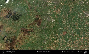 Wrexham. Mart 2020 'de Copernicus Sentinel karolarından oluşan bir uydu görüntüsü üzerinde Birleşik Krallık' ın idari alanı