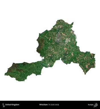 Wrexham. Birleşik Krallık 'ın idari alanı, Haziran 2024' te çekilen Kopernik Nöbetçi karolarından oluşan bir uydu görüntüsüyle beyaza izole edilmiştir.