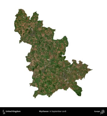 Wychavon. Birleşik Krallık 'ın idari alanı, Eylül 2018' de çekilen Kopernik Nöbetçi karolarından oluşan bir uydu görüntüsü üzerinde beyaza izole edilmiştir.