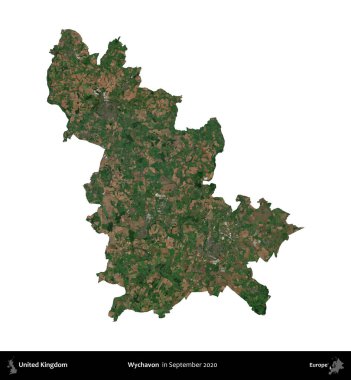 Wychavon. Birleşik Krallık 'ın idari alanı, Eylül 2020' de çekilen Kopernik Nöbetçi karolarından oluşan bir uydu görüntüsü üzerinde beyaza izole edilmiştir.