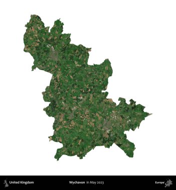 Wychavon. Birleşik Krallık 'ın idari alanı, Mayıs 2023' te çekilen Kopernik Nöbetçi karolarından oluşan bir uydu görüntüsü üzerinde beyaza izole edilmiştir.
