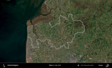 Wyre. Temmuz 2018 'de çekilen Copernicus Sentinel karolarından oluşan bir uydu görüntüsü üzerinde Birleşik Krallık' ın idari bölgesinin ana hatlarını belirledik.