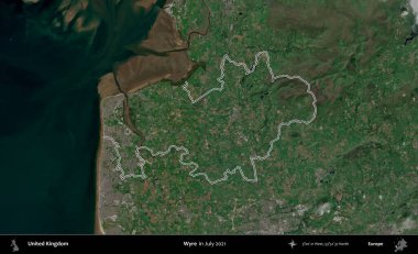 Wyre. Temmuz 2021 'de çekilen Copernicus Sentinel karolarından oluşan bir uydu görüntüsü üzerinde Birleşik Krallık' ın idari bölgesinin ana hatlarını belirledik.