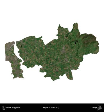 Wyre. Birleşik Krallık 'ın idari alanı, Haziran 2023' te çekilen Kopernik Nöbetçi karolarından oluşan bir uydu görüntüsü üzerinde beyaza izole edilmiştir.
