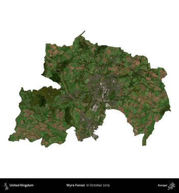 Wyre Ormanı. Birleşik Krallık 'ın idari alanı, Ekim 2019' da çekilen Kopernik Nöbetçi karolarından oluşan bir uydu görüntüsüyle beyaza izole edildi.