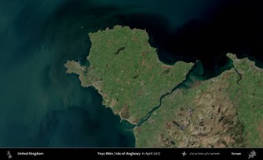 Anglesey 'li Ynys Mon Adası. Ekim 2018 'de çekilen Kopernik Nöbetçi karolarından oluşan bir uydu görüntüsü üzerinde Birleşik Krallık' ın idari alanı