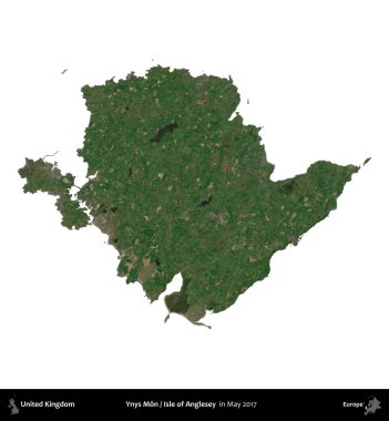 Anglesey 'li Ynys Mon Adası. Ekim 2018 'de çekilen Kopernik Nöbetçi karolarından oluşan bir uydu görüntüsü üzerinde Birleşik Krallık' ın idari alanı
