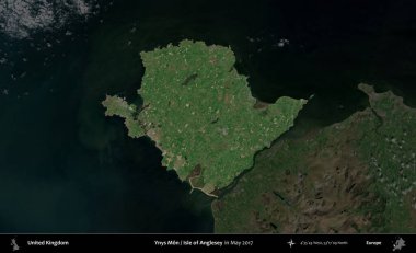 Anglesey 'li Ynys Mon Adası. Ekim 2018 'de çekilen Kopernik Nöbetçi karolarından oluşan bir uydu görüntüsü üzerinde Birleşik Krallık' ın idari alanı