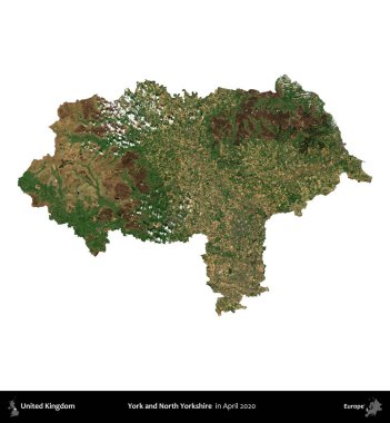 York ve Kuzey Yorkshire. Birleşik Krallık 'ın idari alanı, Nisan 2020' de çekilen Kopernik Nöbetçi karolarından oluşan bir uydu görüntüsü üzerinde beyaza izole edilmiştir.