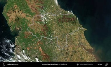 York ve Kuzey Yorkshire. Nisan 2020 'de çekilen Kopernik Nöbetçi karolarından oluşan bir uydu görüntüsü üzerinde Birleşik Krallık' ın idari alanının ana hatlarını belirledik.