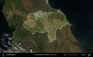York ve Kuzey Yorkshire. Birleşik Krallık 'ın idari alanı, Nisan 2020' de çekilen Kopernik Nöbetçi karolarından oluşan koyu renkli bir uydu görüntüsü üzerinde vurgulandı ve özetlendi.