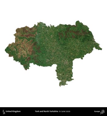 York ve Kuzey Yorkshire. Birleşik Krallık 'ın idari alanı, Haziran 2020' de çekilen Kopernik Nöbetçi karolarından oluşan bir uydu görüntüsüyle beyaza izole edilmiştir.