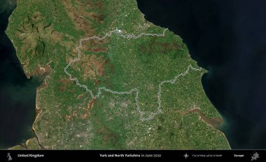 York ve Kuzey Yorkshire. Haziran 2020 'de çekilen Kopernik Nöbetçi karolarından oluşan bir uydu görüntüsü üzerinde Birleşik Krallık' ın idari alanının ana hatlarını belirledik.