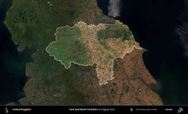 York ve Kuzey Yorkshire. Birleşik Krallık 'ın idari alanı, Ağustos 2022' de çekilen Kopernik Nöbetçi karolarından oluşan koyu renkli bir uydu görüntüsü üzerinde vurgulandı ve özetlendi.