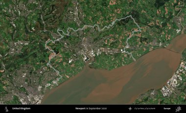 Newport. Eylül 2020 'de çekilen Kopernik Nöbetçi karolarından oluşan bir uydu görüntüsü üzerinde Birleşik Krallık' ın idari bölgesini özetledik.