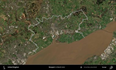 Newport. Mart 2022 'de çekilen Copernicus Sentinel karolarından oluşan bir uydu görüntüsü üzerinde Birleşik Krallık' ın idari alanının ana hatlarını belirledik.