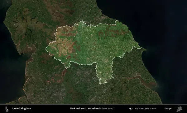 York ve Kuzey Yorkshire. Birleşik Krallık 'ın idari alanı, Haziran 2020' de çekilen Kopernik Nöbetçi karolarından oluşan koyu renkli bir uydu görüntüsü üzerinde vurgulandı ve özetlendi.