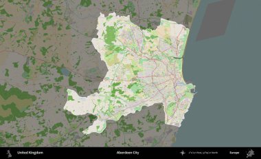 Aberdeen Şehri. Birleşik Krallık 'ın idari alanı koyu renk bir OpenStreetMap Fransız tarzı haritada altı çizilmiş ve özetlenmiştir