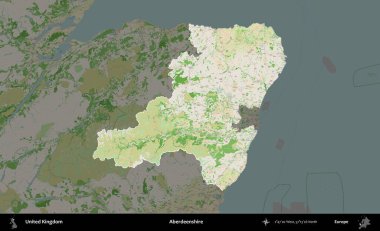 Aberdeenshire 'da. Birleşik Krallık 'ın idari alanı koyu renk bir OpenStreetMap Fransız tarzı haritada altı çizilmiş ve özetlenmiştir