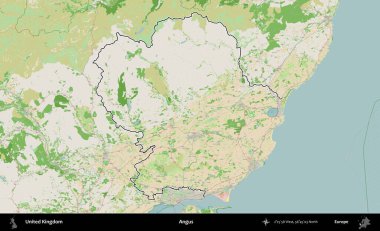 Angus. Bir OpenStreetMap Fransız tarzı haritada Birleşik Krallık 'ın özetlenmiş idari alanı