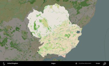 Angus. Birleşik Krallık 'ın idari alanı koyu renk bir OpenStreetMap Fransız tarzı haritada altı çizilmiş ve özetlenmiştir