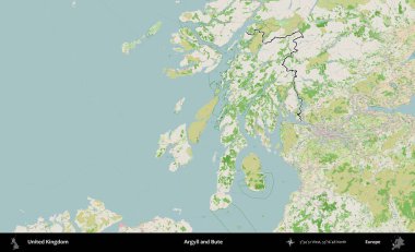 Argyll ve Bute. Bir OpenStreetMap Fransız tarzı haritada Birleşik Krallık 'ın özetlenmiş idari alanı