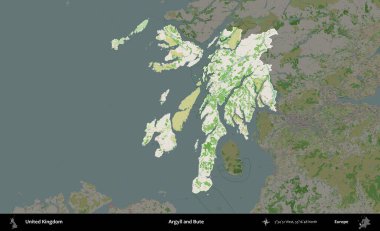 Argyll ve Bute. Birleşik Krallık 'ın idari alanı koyu renk bir OpenStreetMap Fransız tarzı haritada altı çizilmiş ve özetlenmiştir
