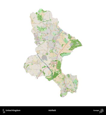 Ashfield. Birleşik Krallık 'ın idari alanı bir OpenStreetMap Fransız tarzı haritada beyazda izole edildi