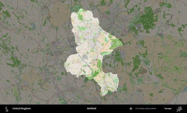 Ashfield. Birleşik Krallık 'ın idari alanı koyu renk bir OpenStreetMap Fransız tarzı haritada altı çizilmiş ve özetlenmiştir