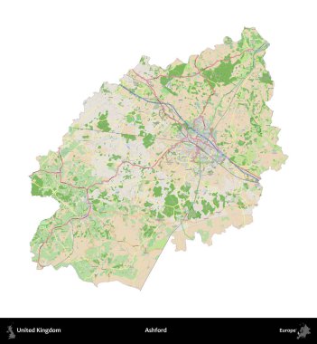 Ashford. Birleşik Krallık 'ın idari alanı bir OpenStreetMap Fransız tarzı haritada beyazda izole edildi