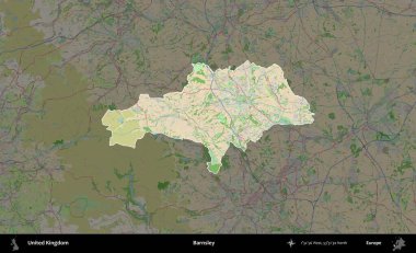Barnsley. Birleşik Krallık 'ın idari alanı koyu renk bir OpenStreetMap Fransız tarzı haritada altı çizilmiş ve özetlenmiştir