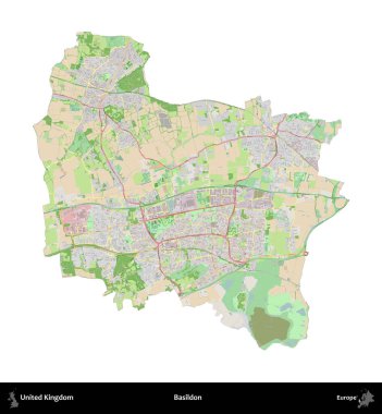 Basildon. Birleşik Krallık 'ın idari alanı bir OpenStreetMap Fransız tarzı haritada beyazda izole edildi