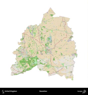 Bassetlaw. Birleşik Krallık 'ın idari alanı bir OpenStreetMap Fransız tarzı haritada beyazda izole edildi