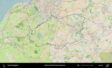 Bath ve Kuzey Doğu Somerset. Bir OpenStreetMap Fransız tarzı haritada Birleşik Krallık 'ın özetlenmiş idari alanı