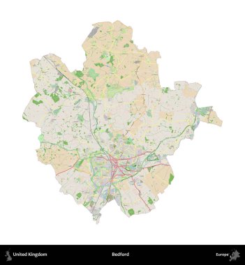 Bedford. Birleşik Krallık 'ın idari alanı bir OpenStreetMap Fransız tarzı haritada beyazda izole edildi