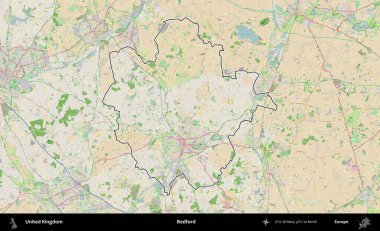 Bedford. Bir OpenStreetMap Fransız tarzı haritada Birleşik Krallık 'ın özetlenmiş idari alanı
