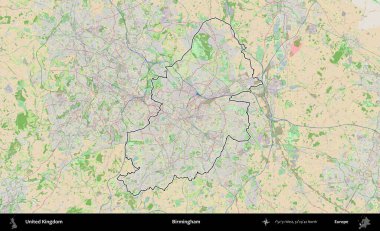Birmingham. Bir OpenStreetMap Fransız tarzı haritada Birleşik Krallık 'ın özetlenmiş idari alanı