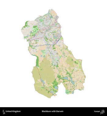Blackburn ve Darwen. Birleşik Krallık 'ın idari alanı bir OpenStreetMap Fransız tarzı haritada beyazda izole edildi