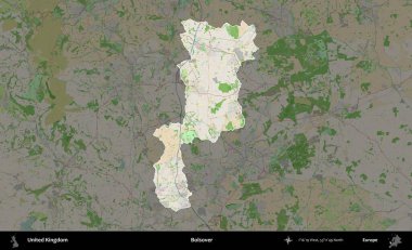 Bolsover. Birleşik Krallık 'ın idari alanı koyu renk bir OpenStreetMap Fransız tarzı haritada altı çizilmiş ve özetlenmiştir
