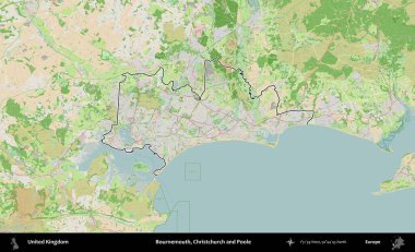 Bournemouth, Christchurch ve Poole. Bir OpenStreetMap Fransız tarzı haritada Birleşik Krallık 'ın özetlenmiş idari alanı