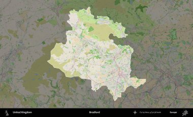 Bradford. Birleşik Krallık 'ın idari alanı koyu renk bir OpenStreetMap Fransız tarzı haritada altı çizilmiş ve özetlenmiştir
