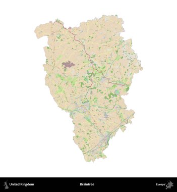 Braintree. Birleşik Krallık 'ın idari alanı bir OpenStreetMap Fransız tarzı haritada beyazda izole edildi
