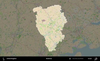 Braintree. Birleşik Krallık 'ın idari alanı koyu renk bir OpenStreetMap Fransız tarzı haritada altı çizilmiş ve özetlenmiştir