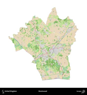 Brentwood 'da. Birleşik Krallık 'ın idari alanı bir OpenStreetMap Fransız tarzı haritada beyazda izole edildi