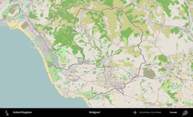 Bridgend. Bir OpenStreetMap Fransız tarzı haritada Birleşik Krallık 'ın özetlenmiş idari alanı
