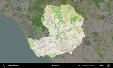 Bridgend. Birleşik Krallık 'ın idari alanı koyu renk bir OpenStreetMap Fransız tarzı haritada altı çizilmiş ve özetlenmiştir